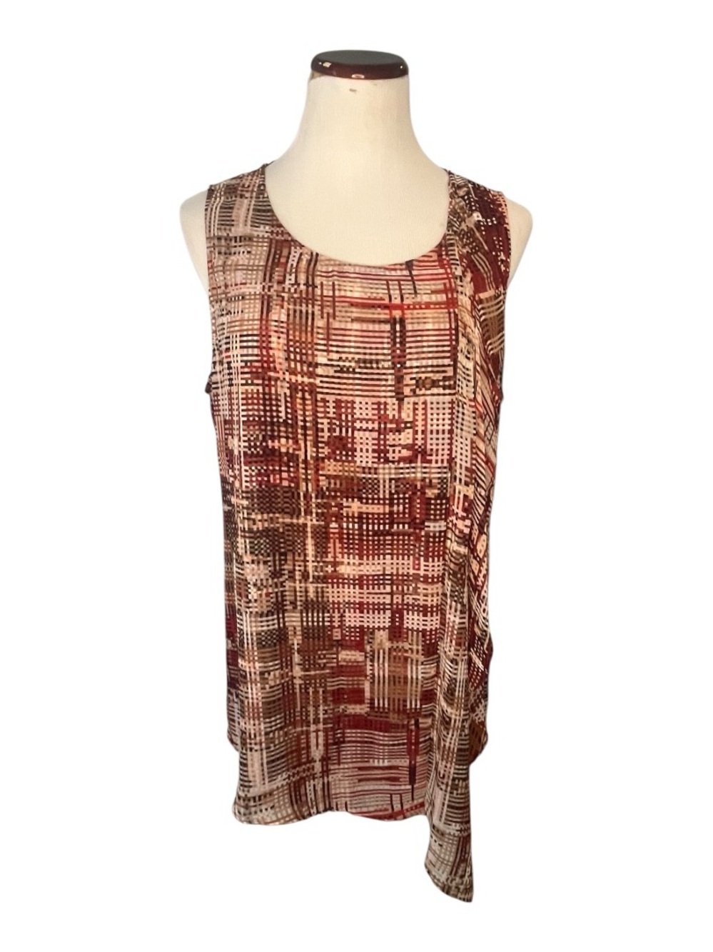 EUC! WHBM Red Multi Patterned Sleeveless, Asymmetric Tunic w/Cascading Ruffle,XL